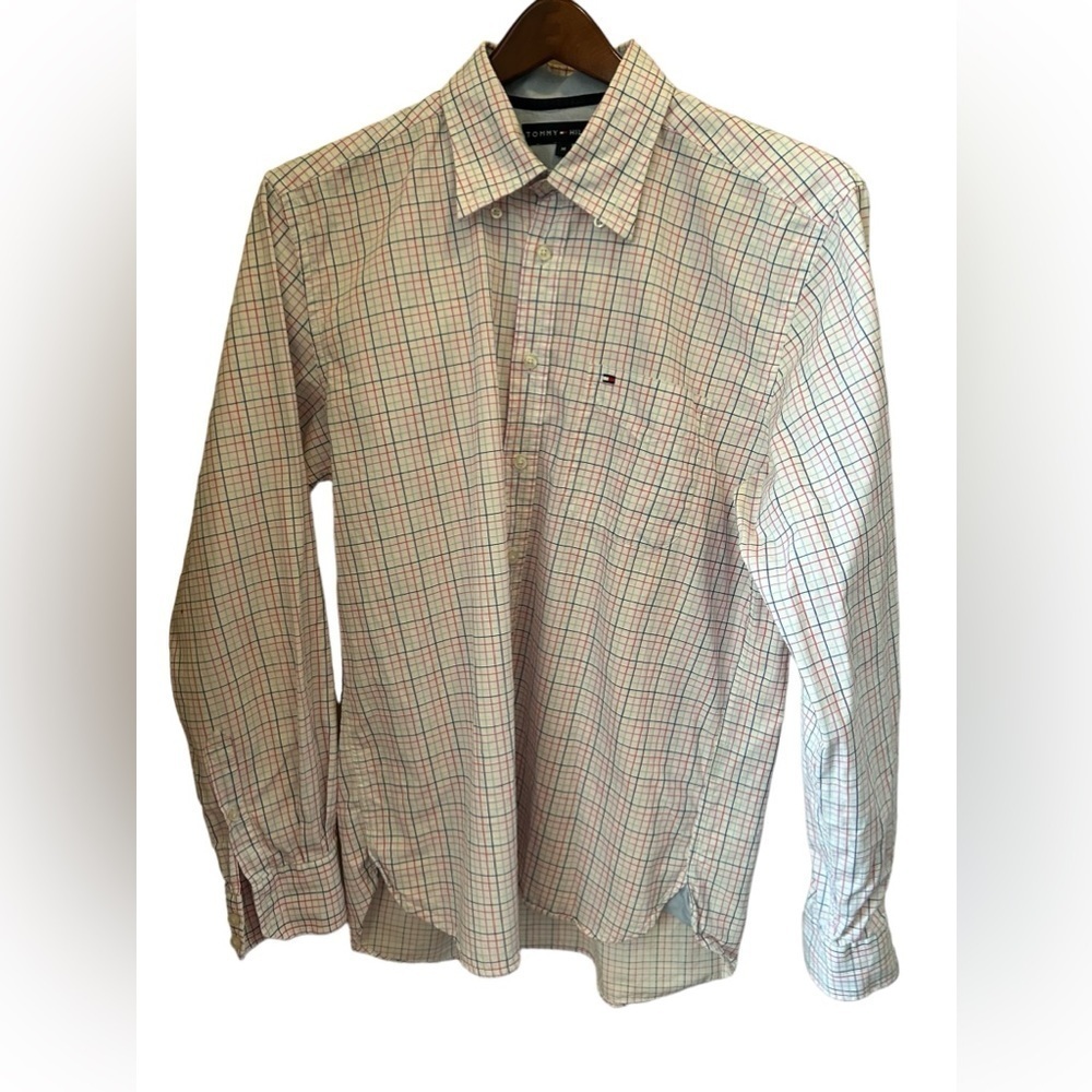 Tommy Hilfiger Men Shirt Size M Blue Red White Long Sleeves 100% Cotton
